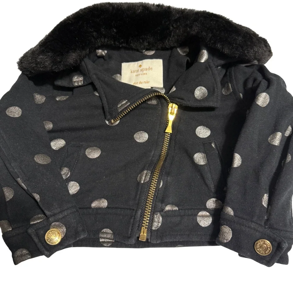 Kate Spade New York Girls Black Polka Dot Jacket‎ Faux Fur Collar 18M